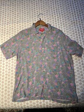 Supreme Floral Camp Collar Shirt - Olive Green with Purple/Pink Flowers